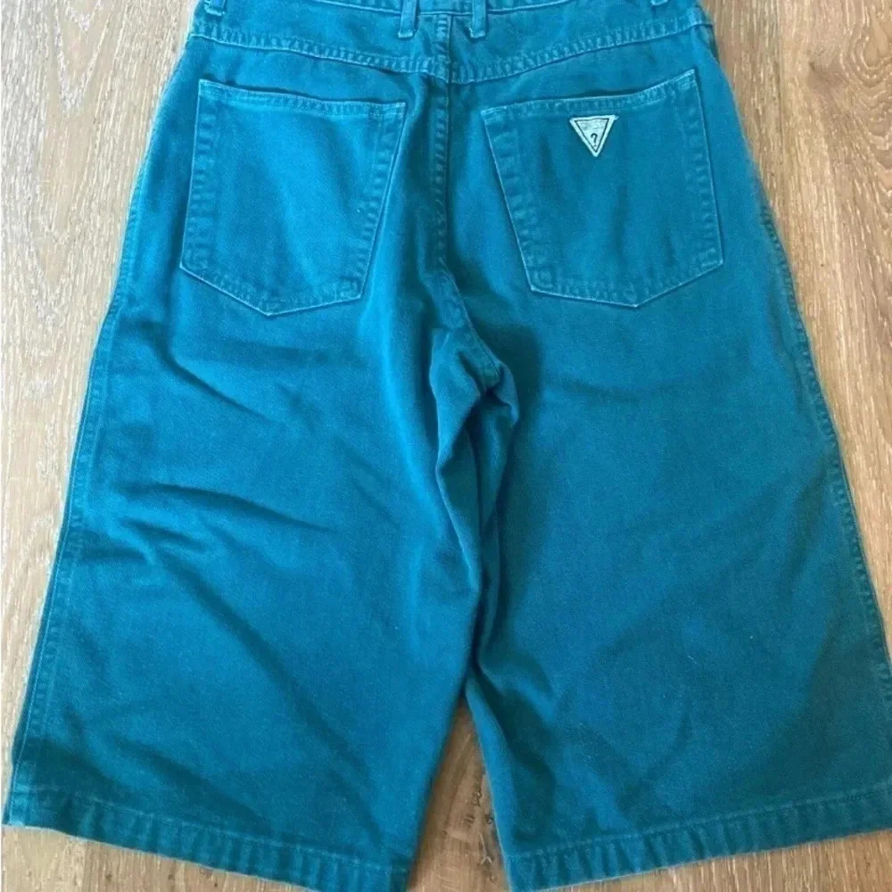 Vintage 90s Guess Shorts Size 16/28 Green Denim‎ Green Triangle Georges Marciano